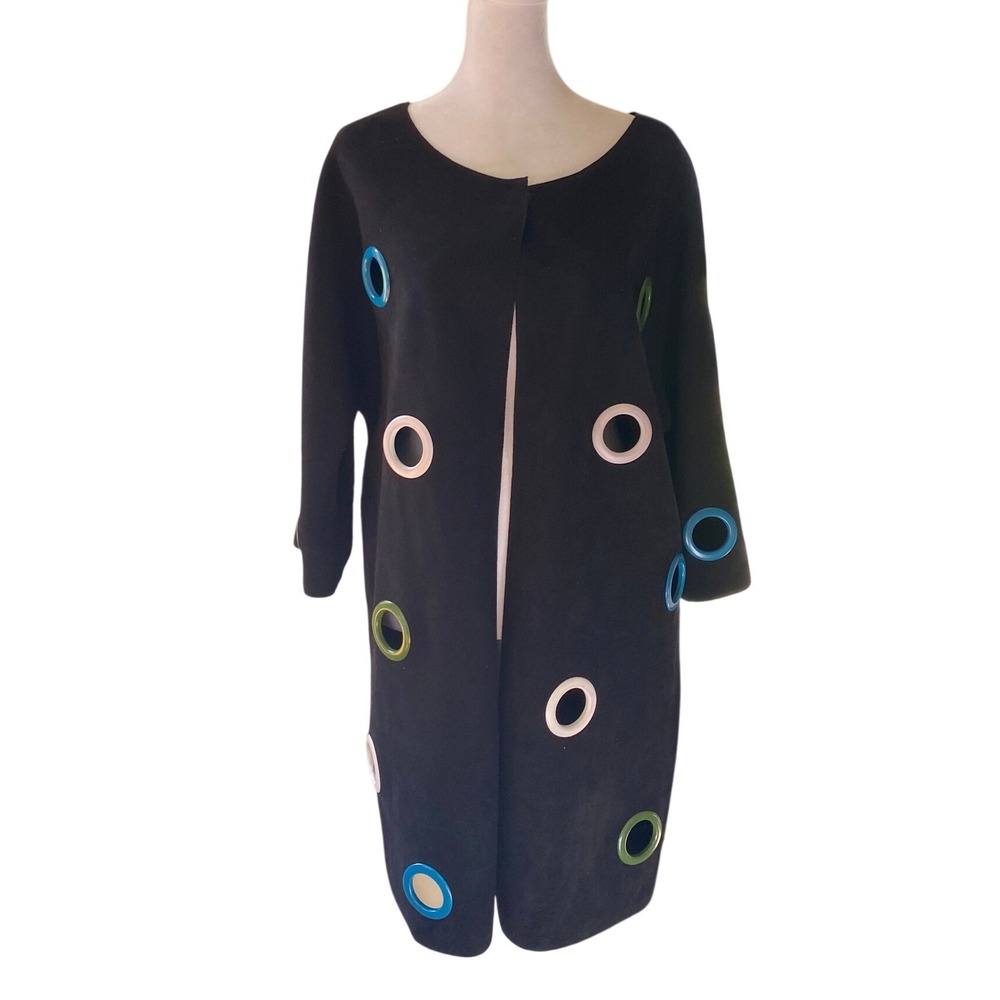 Joesph Ribkoff Black Faux Suede Grommet Cut Out Duster Coat Avant Garde Artsy